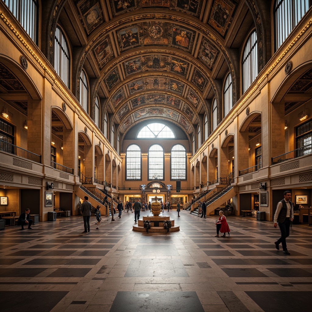 Prompt: Grandiose train station, Byzantine-inspired dome structure, ornate arches, intricate mosaics, golden accents, lavish chandeliers, marble floors, majestic vaulted ceilings, regal waiting areas, stately columns, grand staircases, vintage luggage carts, antique clocks, warm soft lighting, shallow depth of field, 1/1 composition, symmetrical framing, realistic textures, ambient occlusion.