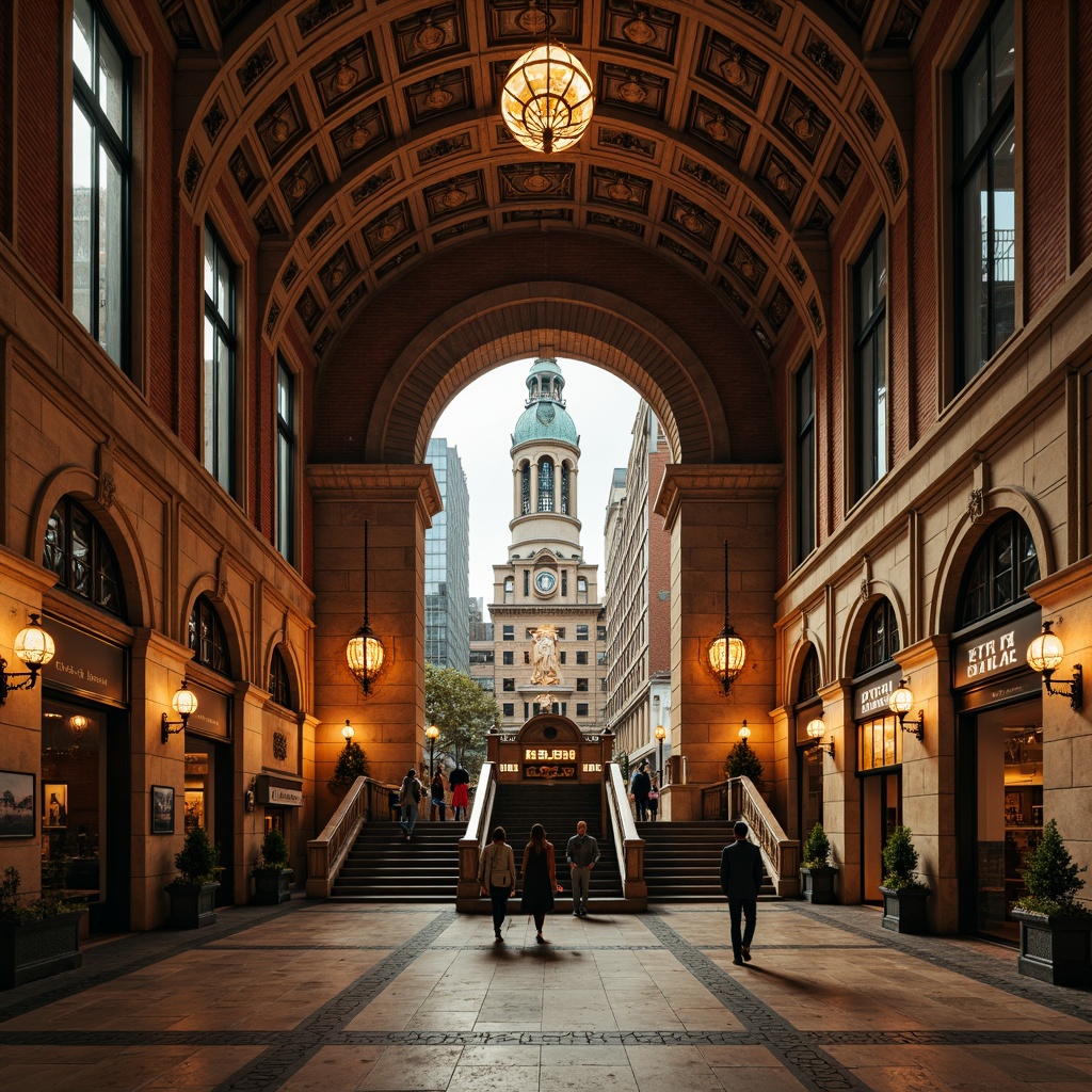 Prompt: Grand metropolitan subway entrance, ornate renaissance facade, intricately carved stone columns, arched windows, rustic brick walls, ornamental metalwork, vintage street lamps, bustling urban atmosphere, warm golden lighting, shallow depth of field, 1/1 composition, symmetrical architecture, grand staircase, marble flooring, elegant chandeliers, classic clock tower, historic landmark, vibrant city life, soft focus effect, atmospheric perspective.