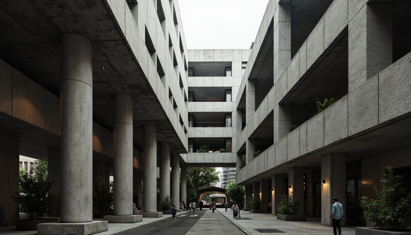 Prompt: Exposed concrete columns, rugged stone walls, brutalist architecture, fortress-like structures, angular geometries, raw unfinished textures, industrial aesthetic, reinforced steel beams, cantilevered floors, monumental scale, dramatic natural lighting, low-angle photography, moody atmospheric tones, high-contrast shadows, graphic compositions, urban cityscape backgrounds, overcast skies, bold architectural forms.