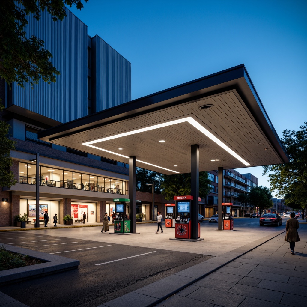 Prompt: Modern gas station, sleek metal canopy, LED lighting, reflective glass surfaces, angular lines, minimalist design, industrial materials, concrete foundation, steel beams, aluminum roofing, corrugated metal walls, translucent polycarbonate panels, neon signage, urban landscape, busy streets, day-night cycle, warm artificial lighting, shallow depth of field, 1/1 composition, realistic textures, ambient occlusion.