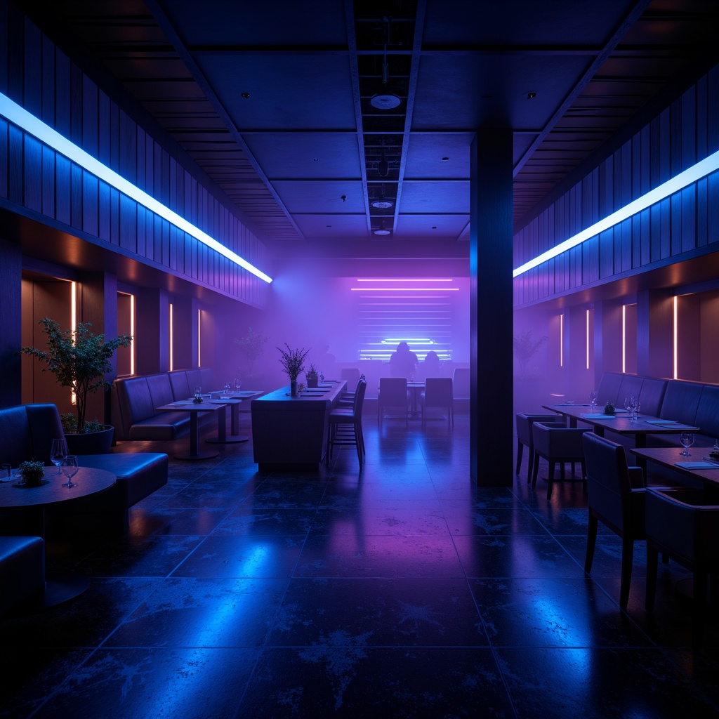 Prompt: Dark-toned nightclub interior, minimalist design, monochromatic color scheme, deep blues, rich purples, neon accents, strobe lights, metallic surfaces, sleek lines, geometric patterns, LED installations, futuristic ambiance, high-gloss finishes, subtle gradients, atmospheric fog, dramatic lighting, low-key shadows, 3/4 composition, cinematic mood, realistic reflections, ambient occlusion.