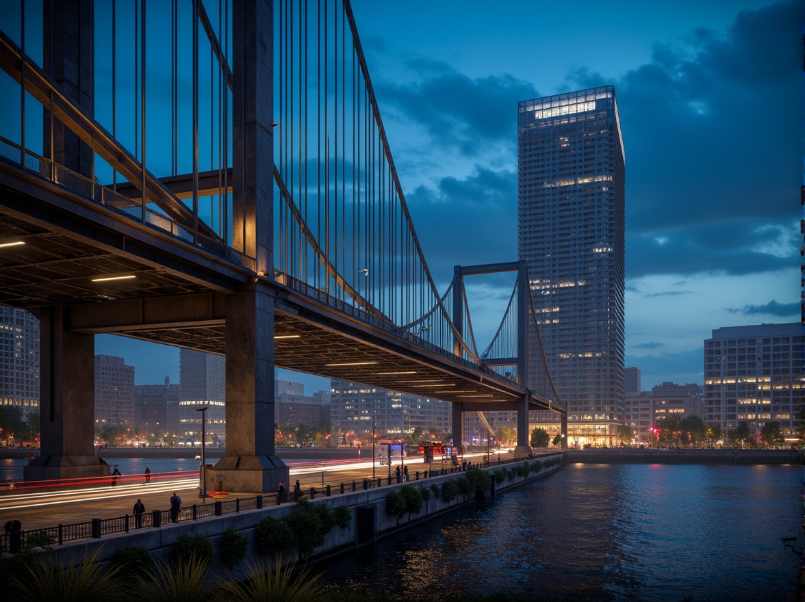 Prompt: Futuristic bridge, sleek metallic structure, dynamic curves, angular lines, cantilevered sections, suspension cables, gleaming steel surfaces, neon-lit LED lights, misty atmospheric effects, urban cityscape, river waterfront, bustling traffic, vibrant night scene, cinematic composition, dramatic low-angle shot, shallow depth of field, 2.35