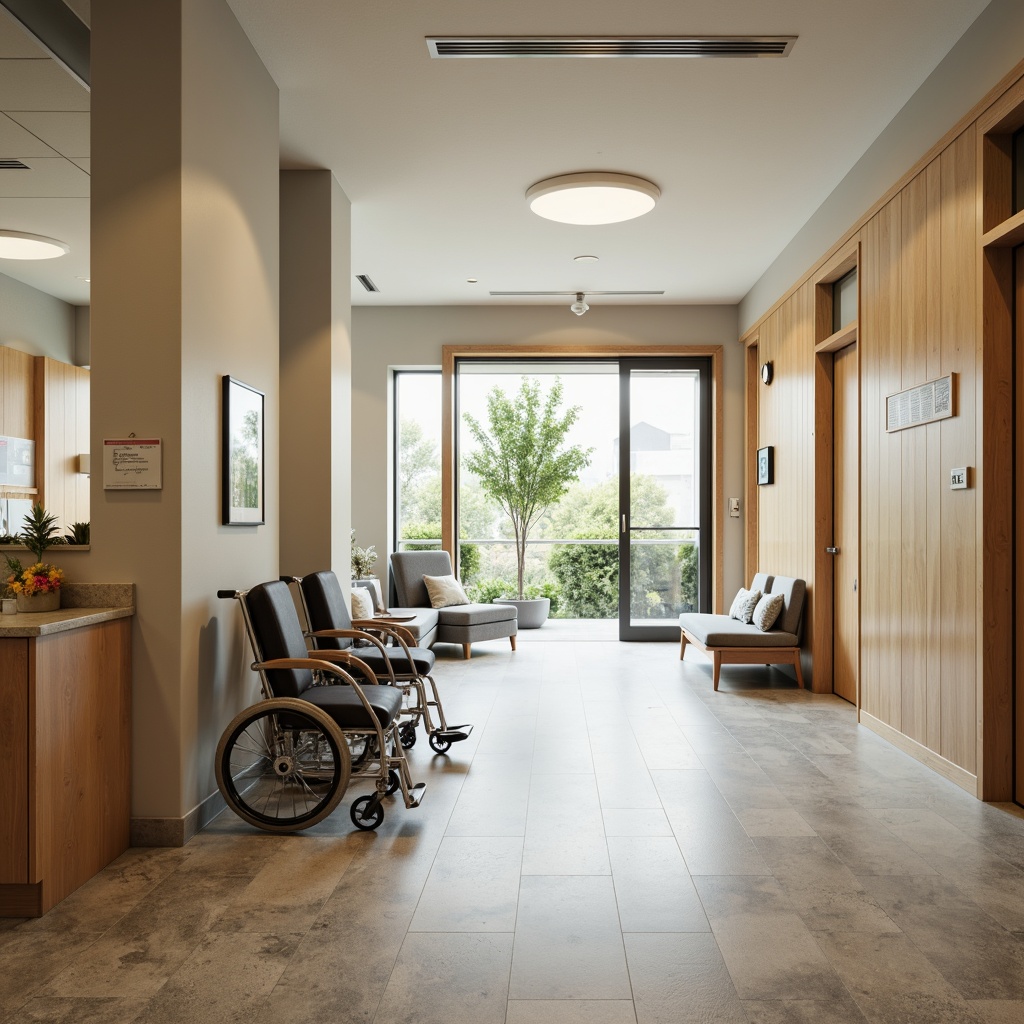 Prompt: Accessible healthcare facility, calm atmosphere, soothing colors, natural light, non-slip flooring, wide corridors, automatic sliding doors, comfortable waiting areas, adapted furniture, wheelchair-accessible counters, Braille signage, clear navigation, minimal obstacles, circular layout, soft warm lighting, shallow depth of field, 1/1 composition, realistic textures, ambient occlusion.