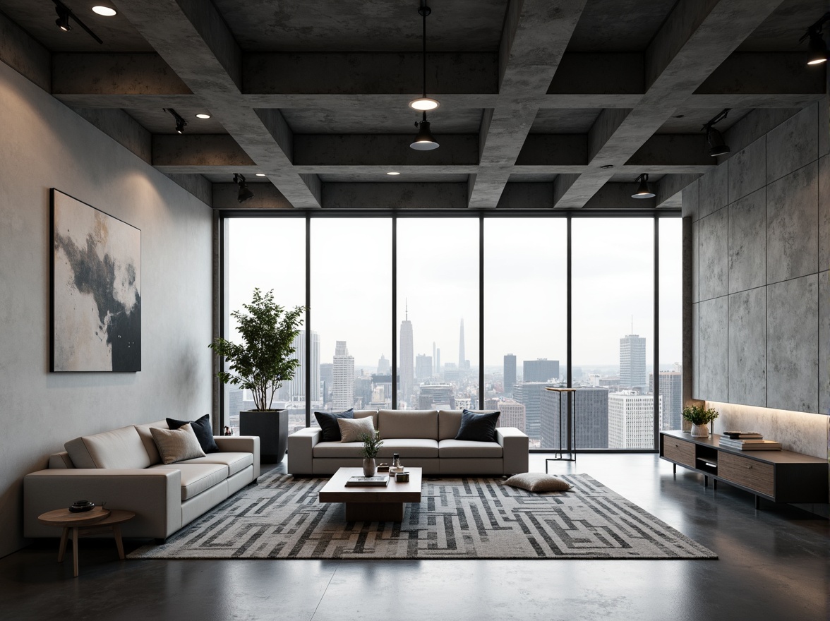 Prompt: Minimalist living room, monochromatic color scheme, sleek low-profile furniture, polished concrete floors, industrial metal beams, floor-to-ceiling windows, urban cityscape views, abstract modern artwork, geometric patterned rugs, ambient soft lighting, 1/1 composition, shallow depth of field, realistic textures, subtle atmospheric effects.