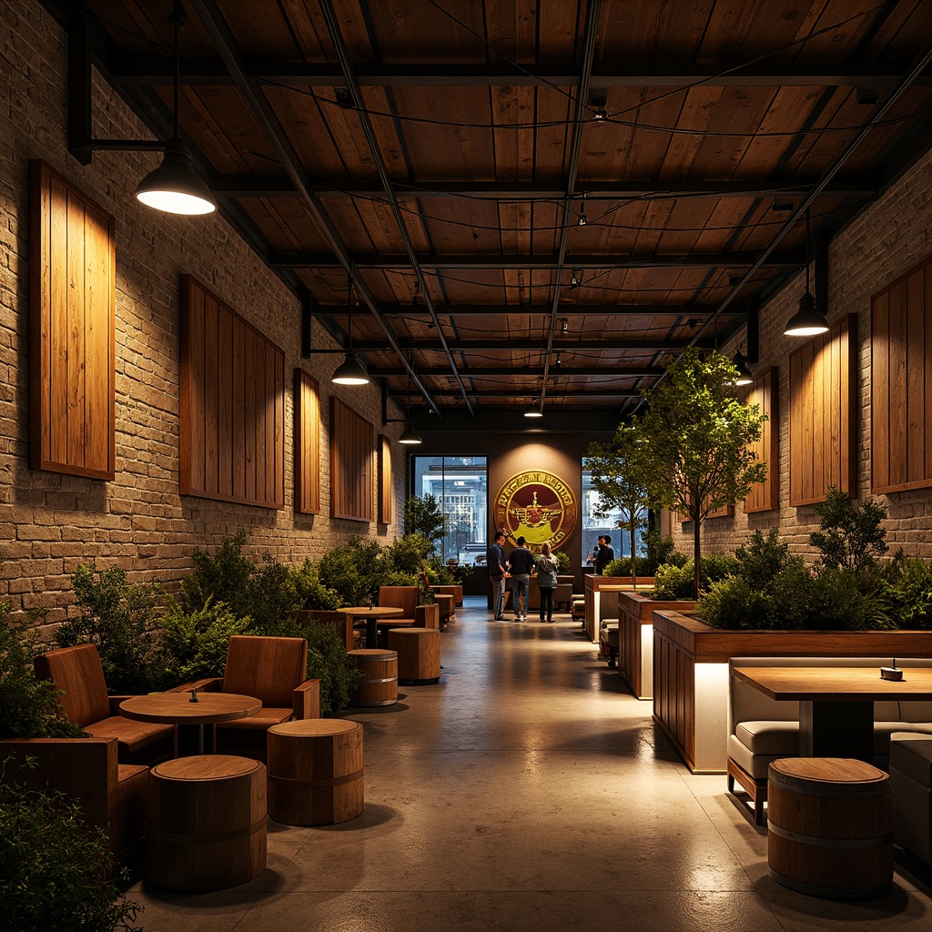 Prompt: Urban winery, exposed brick walls, reclaimed wood accents, industrial metal beams, rustic wooden barrels, lush greenery, natural stone floors, earthy color palette, warm golden lighting, soft ambient glow, intimate atmosphere, cozy seating areas, rich textures, vintage wine-making equipment, wooden fermentation tanks, modern minimalist decor, sleek steel vats, urban cityscape views, nighttime illumination, shallow depth of field, 1/1 composition, realistic reflections.