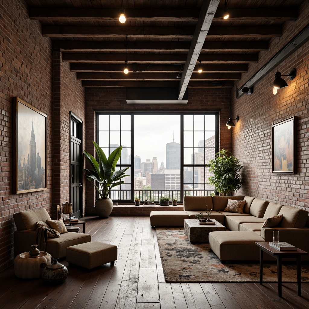 Prompt: Industrial chic loft, exposed brick walls, metal beams, reclaimed wood floors, minimalist decor, open-plan living, floor-to-ceiling windows, natural light, urban cityscape views, cozy reading nooks, plush sectionals, industrial-style lighting, metal accents, distressed finishes, eclectic artwork, vintage decorative pieces, earthy color palette, warm atmospheric ambiance, softbox lighting, 1/1 composition, shallow depth of field, cinematic mood.