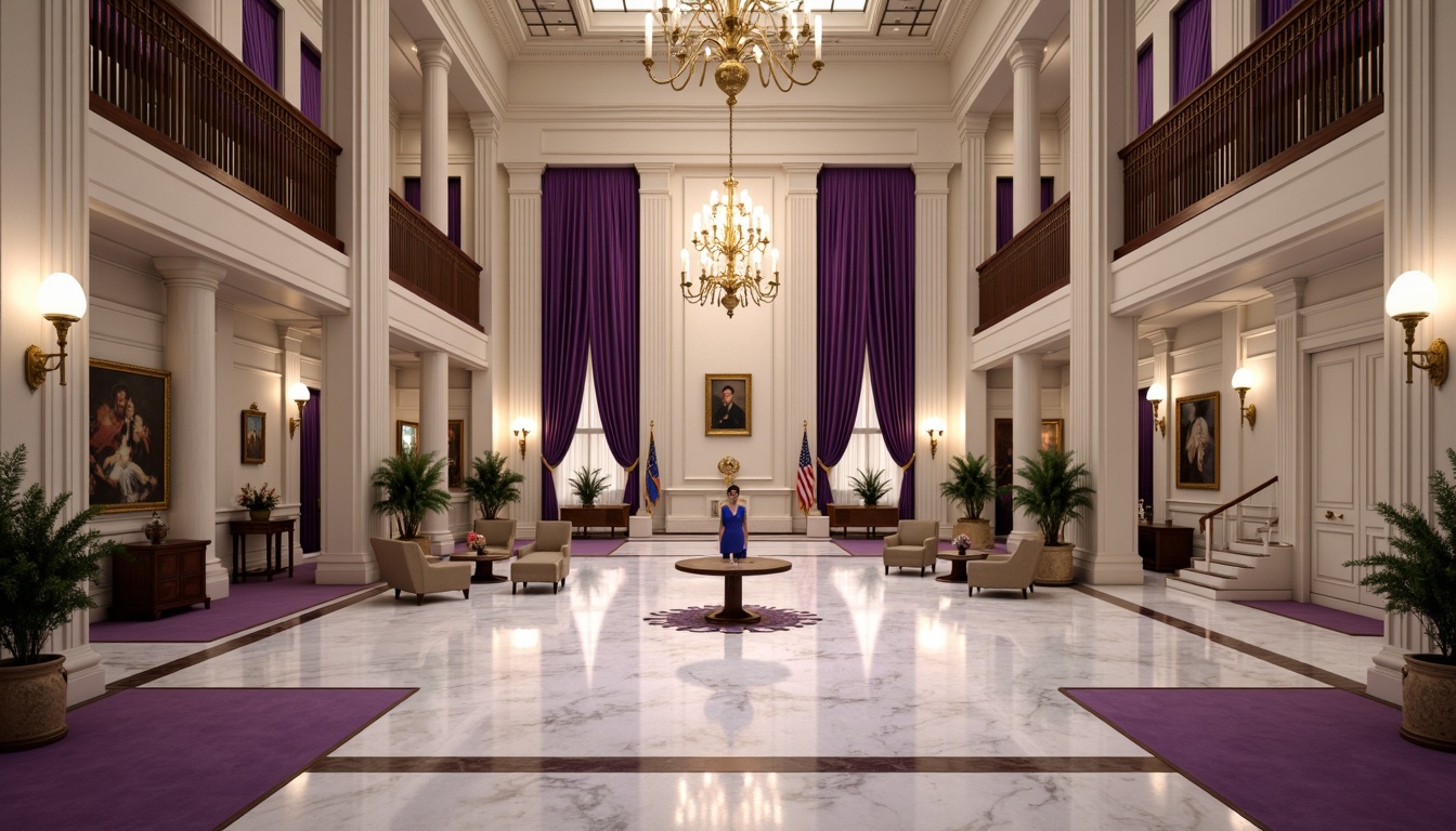 Prompt: Regal amethyst-toned government building, grand entrance, ornate columns, polished marble floors, luxurious velvet drapes, stately chandeliers, formal meeting rooms, dignified offices, solemn courtrooms, majestic staircases, lavish foyers, sophisticated lighting fixtures, rich wood paneling, subtle purple accents, creamy white walls, warm beige furniture, professional atmosphere, soft natural light, shallow depth of field, 1/1 composition, symmetrical framing, realistic textures, ambient occlusion.