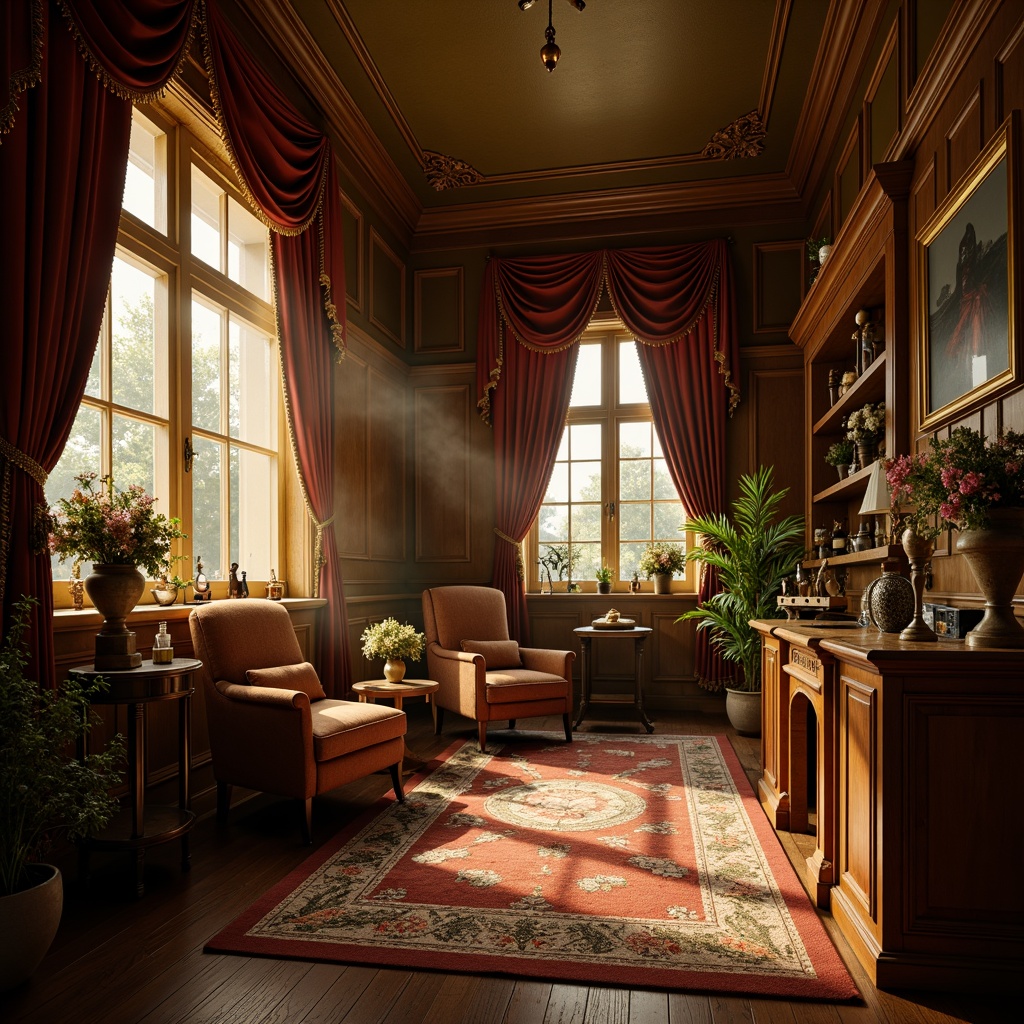 Prompt: Whimsical Victorian-era mansion, warm golden lighting, rich jewel-toned color palette, opulent velvet drapes, intricate wooden carvings, ornate metalwork, soft feminine silhouettes, lavish flower arrangements, delicate lace details, mysterious misty atmosphere, cinematic 1-point perspective, warm sepia tones, nostalgic vintage textures, subtle sfumato effect.