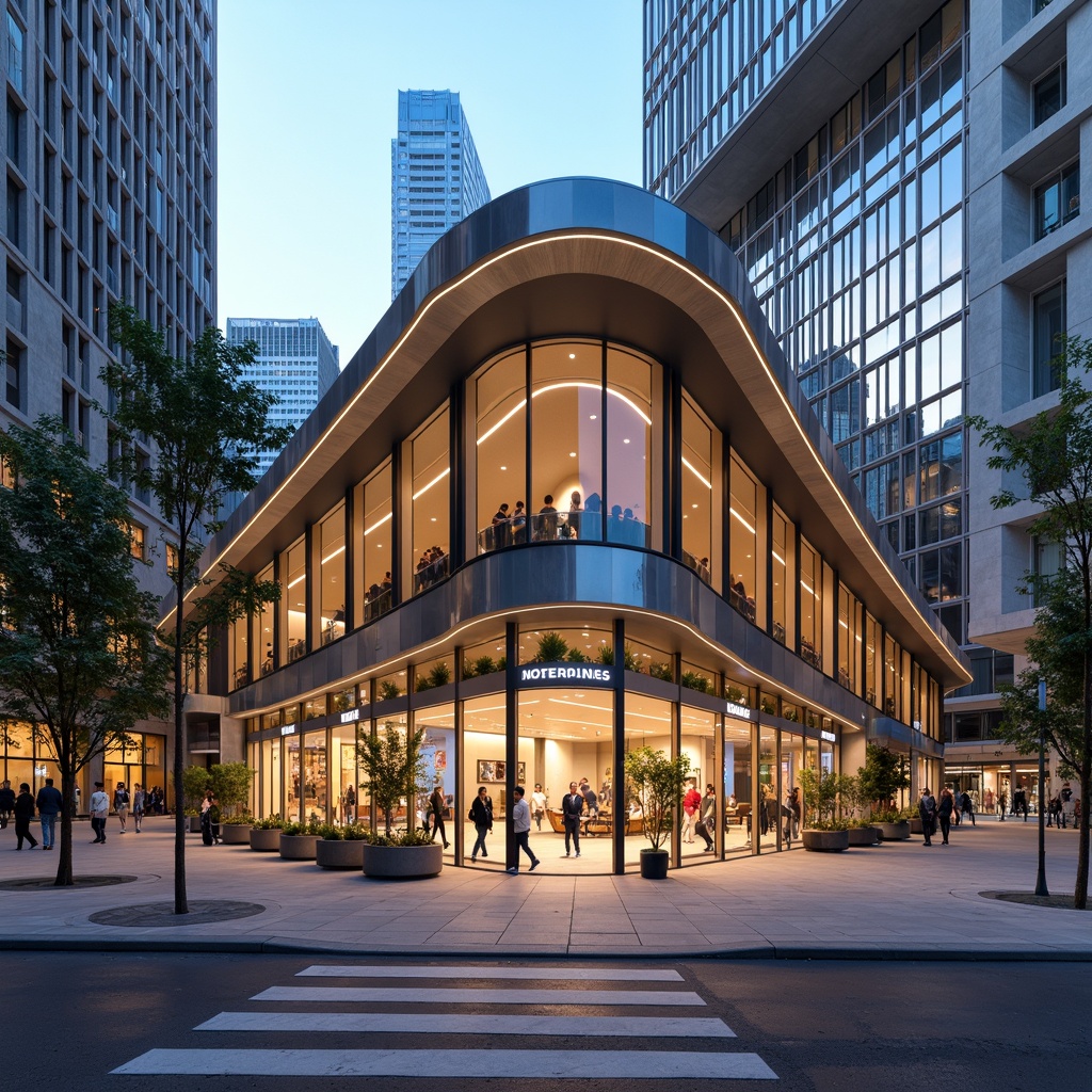 Prompt: Curved streamline moderne facade, gleaming metallic surfaces, large glass windows, minimalist ornamentation, cantilevered rooflines, dynamic LED lighting, futuristic entranceways, sleek stone flooring, airy atrium spaces, modern retail signage, vibrant neon accents, urban cityscape background, bustling street activity, warm sunny day, shallow depth of field, 1/2 composition, realistic reflections, ambient occlusion.