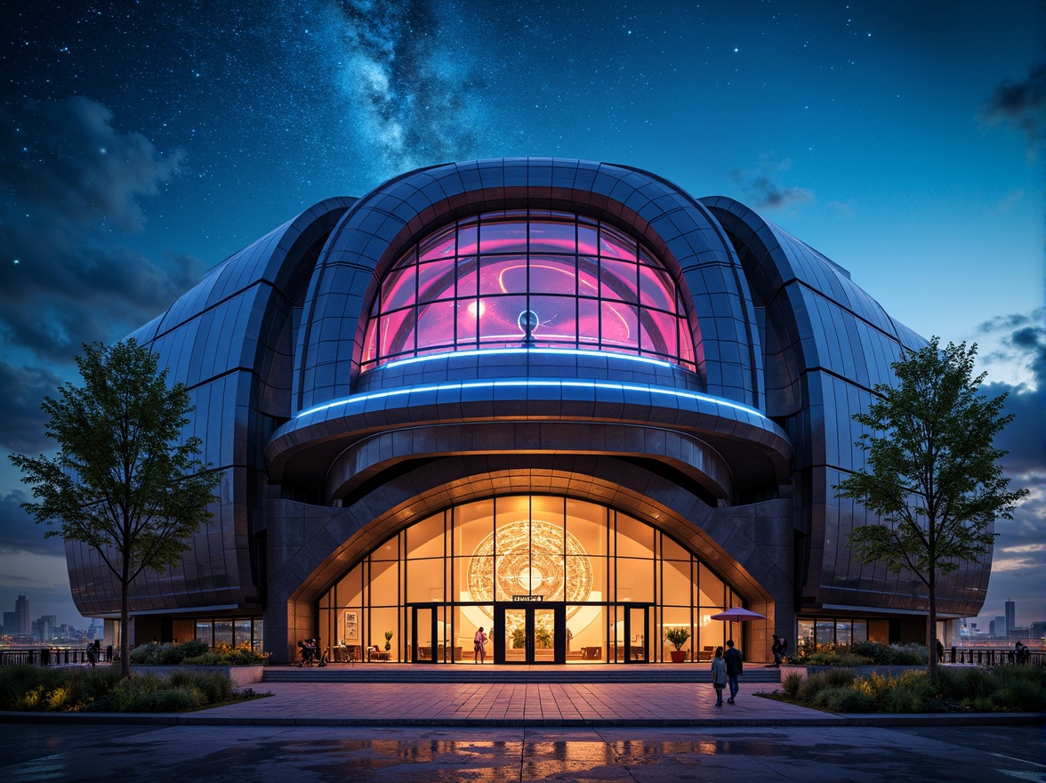 Prompt: Celestial planetarium, futuristic facade, iridescent dome, neon-lit accents, LED starry night sky, gleaming metal cladding, translucent glass panels, undulating curves, aerodynamic shapes, otherworldly ambiance, soft ethereal lighting, atmospheric mist, 3/4 composition, panoramic view, realistic reflections, ambient occlusion, vibrant color grading, intricate geometric patterns, astronomical instruments, observatory-inspired design elements.