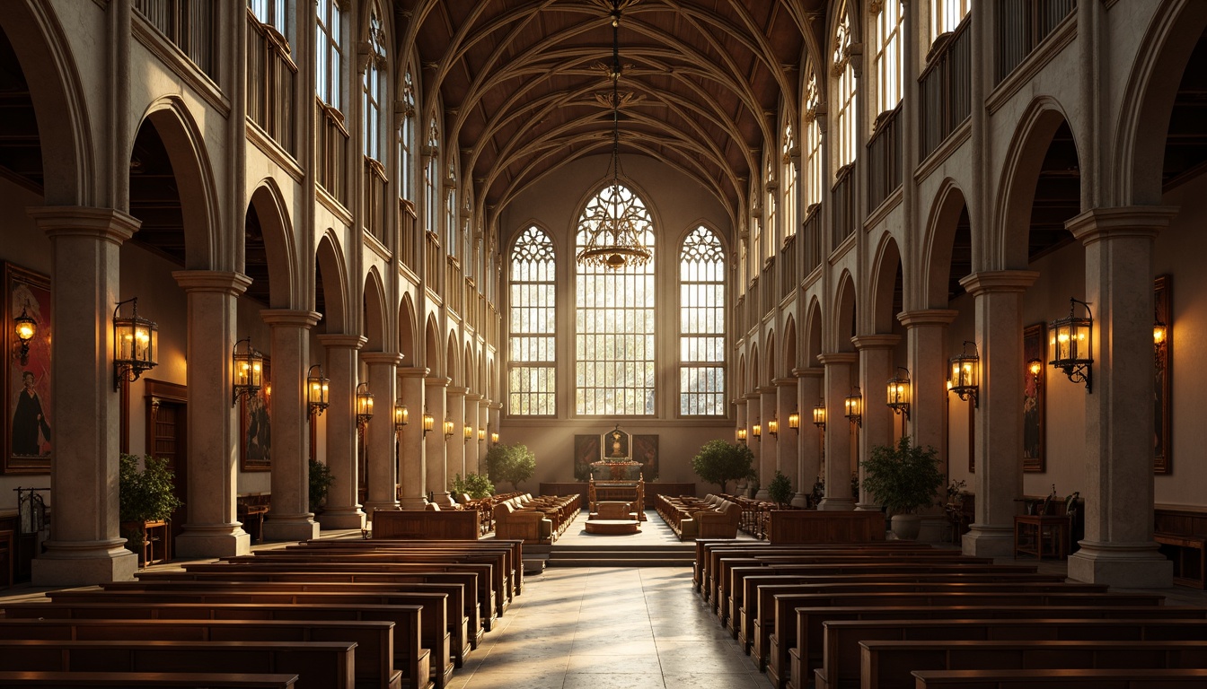 Prompt: Grand cathedral interior, vaulted ceilings, stained glass windows, ornate chandeliers, suspended lanterns, warm golden lighting, subtle shadows, intricate stone carvings, polished marble floors, elegant pews, minimalist decor, dramatic verticality, soft diffused light, atmospheric ambiance, subtle color temperature, 1/2 composition, low-angle view, realistic reflections, ambient occlusion.