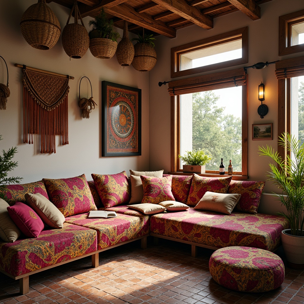 Prompt: Vibrant woven fabrics, intricate patterns, eclectic color palette, plush upholstery, soft cushions, Moroccan-inspired tiles, natural fibers, woven baskets, macrame wall hangings, bohemian chic atmosphere, cozy reading nooks, warm ambient lighting, shallow depth of field, 3/4 composition, realistic textures, ambient occlusion.