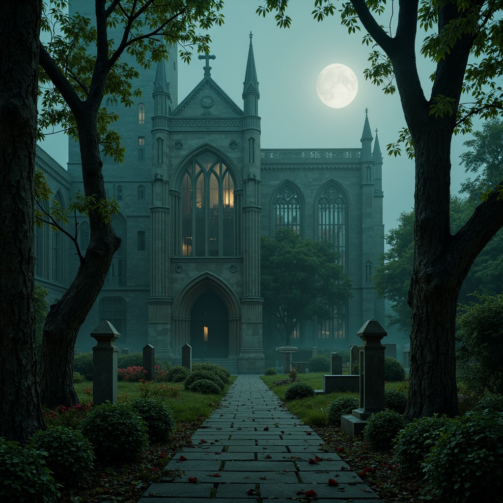 Prompt: Mysterious gothic cathedral, towering spires, grandeur archways, ornate stone carvings, eerie misty atmosphere, overgrown ivy vines, twisted ancient trees, moss-covered tombstones, foggy moonlit night, soft ethereal lighting, subtle depth of field, 2/3 composition, cinematic view, realistic textures, ambient occlusion, lush green foliage, crimson roses, dark mysterious shadows.