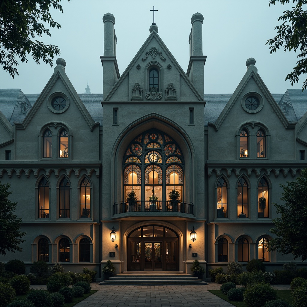 Prompt: Elegant laboratory building, intricate stone carvings, pointed arches, ribbed vaults, flying buttresses, grandiose entrance, stained glass windows, ornate metal decorations, mystical symbolic motifs, mysterious atmospheric lighting, misty foggy day, soft warm glow, shallow depth of field, 1/1 composition, symmetrical framing, dramatic shadows, high contrast ratio, vivid textures, ambient occlusion.