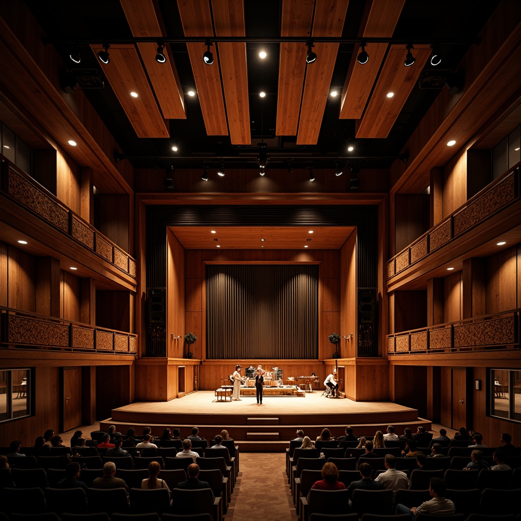 Prompt: Intimate music venue, dimly lit atmosphere, rich wood accents, soundproofed walls, advanced speaker systems, precise acoustic design, elevated stage, audience seating areas, ornate balconies, luxurious textiles, warm color palette, soft ambient lighting, shallow depth of field, 2/3 composition, realistic textures, subtle reflections.