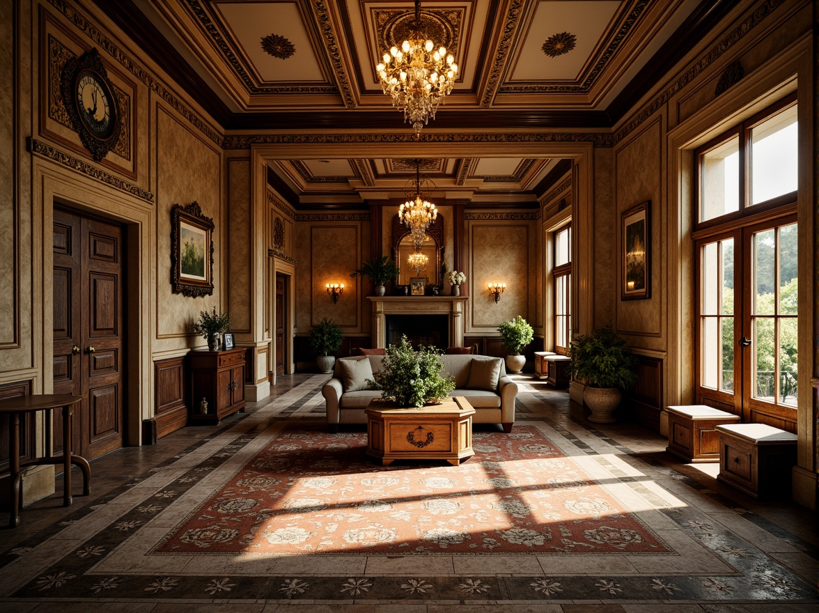 Prompt: Intricate Victorian-era mansion, ornate wooden doors, carved stone facades, grand staircases, lavish chandeliers, patterned tile floors, decorative ceiling moldings, opulent furnishings, luxurious fabrics, rich color palette, warm golden lighting, shallow depth of field, 1/1 composition, symmetrical view, high-contrast textures, ambient occlusion.