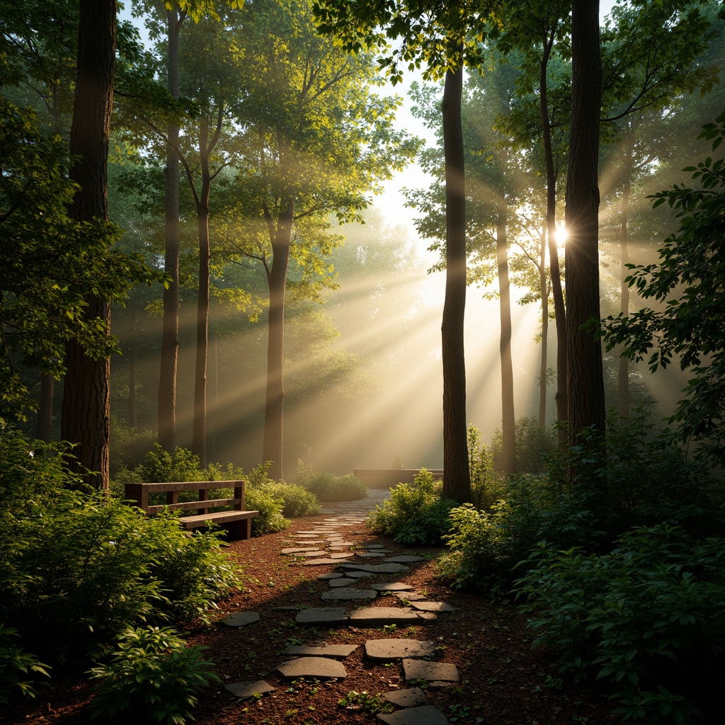 Prompt: Softly lit misty forest, warm sunbeams filtering through leafy canopies, gentle dappled shadows on forest floor, vibrant greenery, twinkling dew droplets, serene ambiance, natural stone pathways, wooden benches, tranquil atmosphere, warm color palette, high contrast ratio, shallow depth of field, 1/2 composition, cinematic lighting, realistic textures, ambient occlusion.