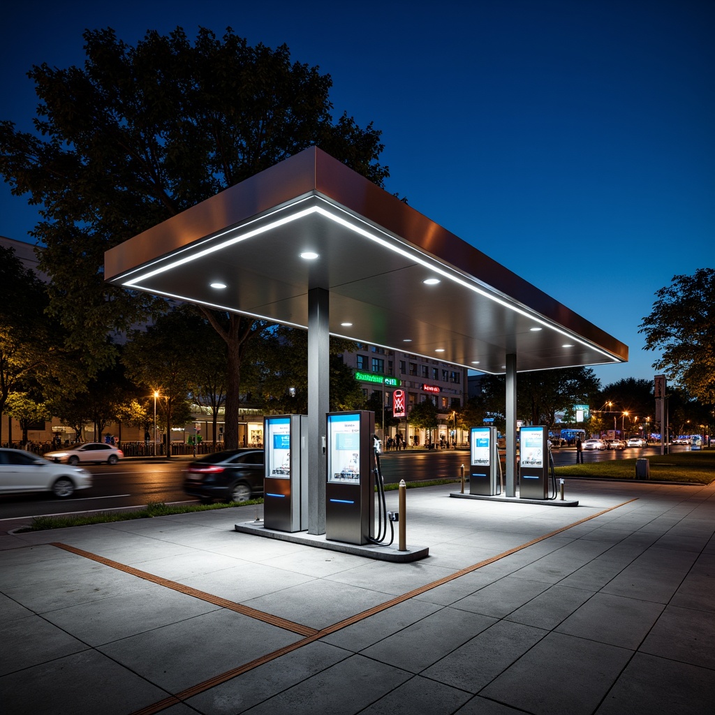 Prompt: Modern gas station, sleek metal canopy, durable concrete foundation, stainless steel fuel pumps, LED lighting, transparent glass walls, minimalistic design, industrial-grade flooring, functional signage, urban cityscape, busy streets, vibrant nighttime illumination, shallow depth of field, 1/2 composition, realistic textures, ambient occlusion.