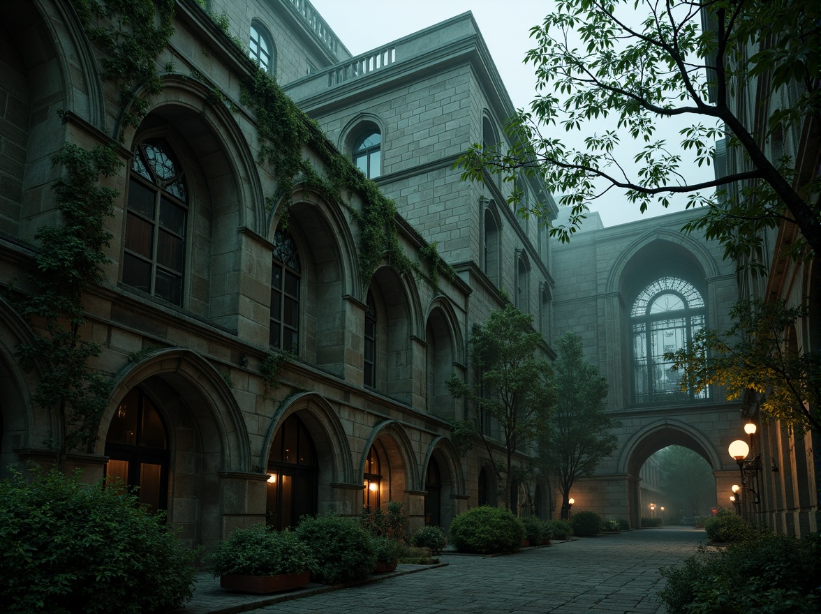 Prompt: Mysterious gothic cathedral, overgrown ivy, twisted vines, crumbling stone walls, moss-covered statues, foggy misty atmosphere, dim warm lighting, intricate stone carvings, ornate iron gates, winding cobblestone paths, lush greenery, towering trees, dark mysterious forests, eerie silence, 1/2 composition, low-angle shot, dramatic shadows, ambient occlusion.