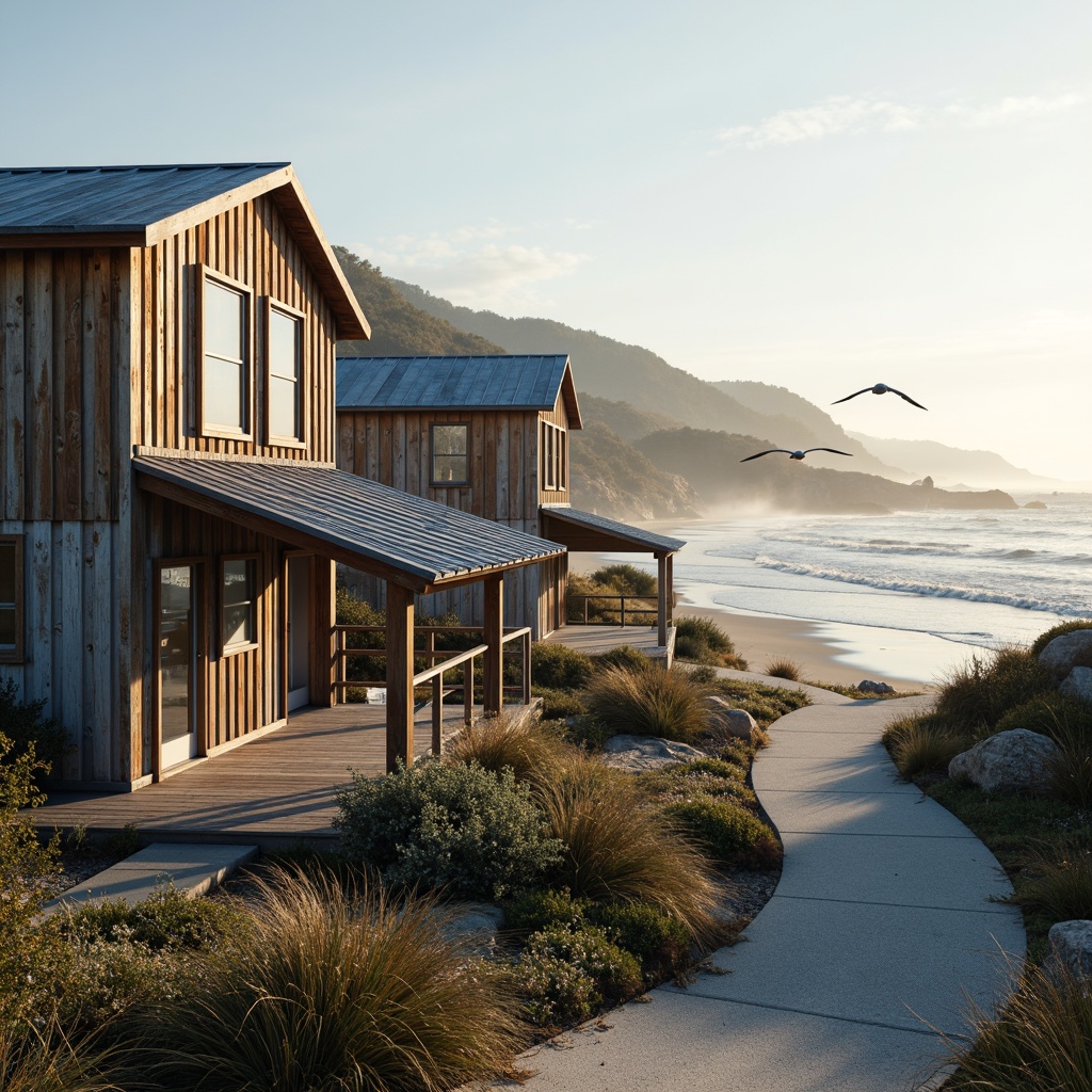 Prompt: Weathered coastal buildings, driftwood accents, ocean-inspired color palette, corrugated metal roofs, rustic wooden decks, seaside promenade, salt-tolerant vegetation, sandy dunes, crashing waves, seagulls flying overhead, misty morning light, soft warm sunlight, shallow depth of field, 1/1 composition, symmetrical framing, natural textures, ambient occlusion, reflective water surfaces.