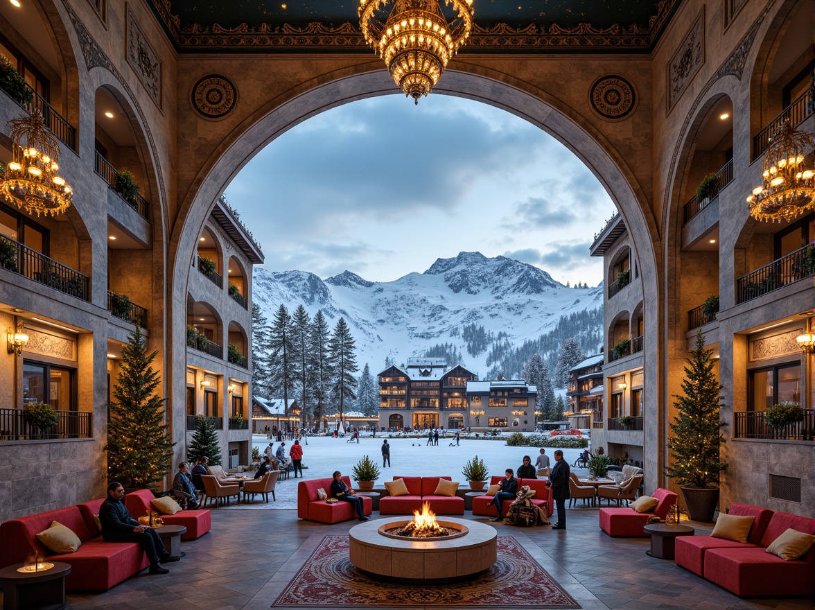 Prompt: Majestic ski resort, snow-capped mountains, frozen lakes, rustic wooden chalets, ornate stone carvings, grand arches, intricate mosaics, golden domes, Byzantine-inspired architecture, rich textiles, vibrant colors, ornamental metalwork, grand chandeliers, lavish furnishings, warm fireplaces, cozy lounges, panoramic views, snowflakes gently falling, soft warm lighting, shallow depth of field, 3/4 composition, realistic textures, ambient occlusion.