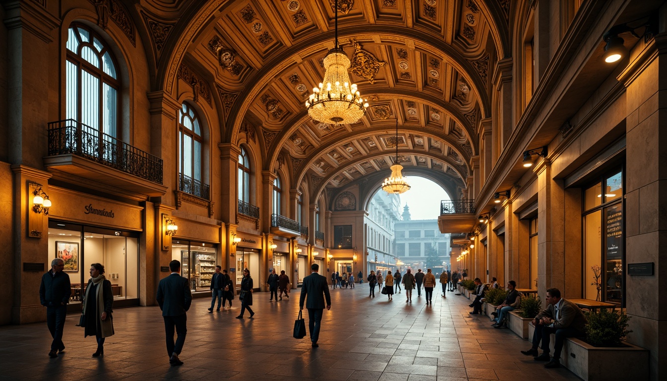 Prompt: Grandiose metro station, ornate Renaissance fa\u00e7ade, intricately carved stonework, majestic arches, grand vaulted ceilings, elegant columns, ornamental railings, lavish chandeliers, warm golden lighting, high-contrast shadows, shallow depth of field, 1/1 composition, symmetrical architecture, rustic stone textures, ambient occlusion, busy urban atmosphere, morning rush hour, soft natural light, subtle steam effects.