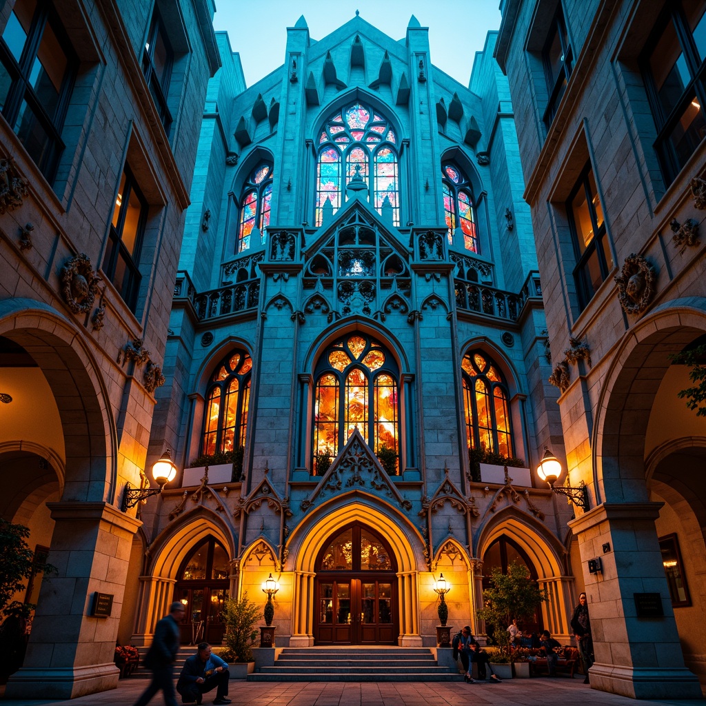 Prompt: Vibrant colored church facade, ornate stone carvings, intricate Gothic details, towering spires, grand entrance arches, stained glass windows, dramatic lighting effects, bold geometric shapes, abstract expressionist patterns, textured stone walls, golden accents, mystical ambiance, atmospheric misting, warm candlelight, shallow depth of field, 1/2 composition, symmetrical framing, high contrast colors, cinematic mood.