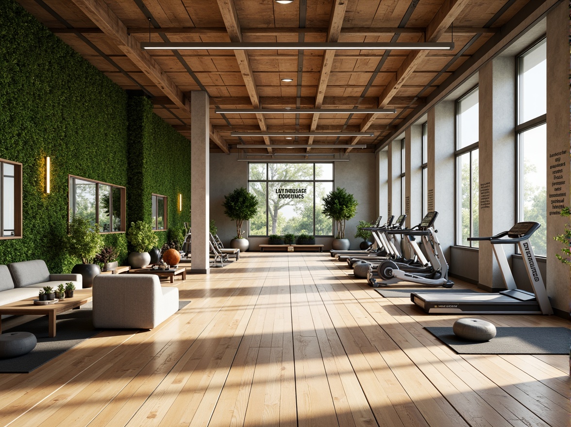 Prompt: Eco-friendly fitness club, reclaimed wood floors, bamboo ceiling panels, recycled rubber flooring, energy-efficient LED lighting, floor-to-ceiling windows, natural ventilation systems, living green walls, minimalist decor, industrial-chic aesthetic, exposed ductwork, polished concrete columns, modern gym equipment, free weights, cardio machines, yoga mats, mirrored walls, motivational quotes, refreshing color scheme, bright and airy atmosphere, shallow depth of field, 1/1 composition, realistic textures, ambient occlusion.