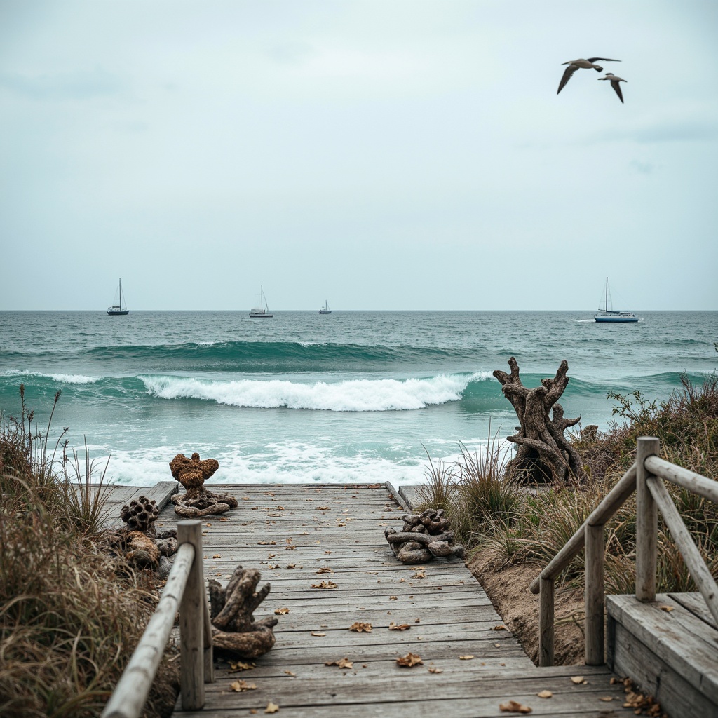 Prompt: Weathered wooden docks, oceanfront promenade, crashing waves, seagulls flying overhead, saltwater spray, driftwood sculptures, nautical ropes, sailing vessels, beachy vibe, coral-inspired patterns, turquoise accents, sandy textures, ocean breeze, natural light, shallow depth of field, 1/2 composition, warm soft focus, realistic water effects.