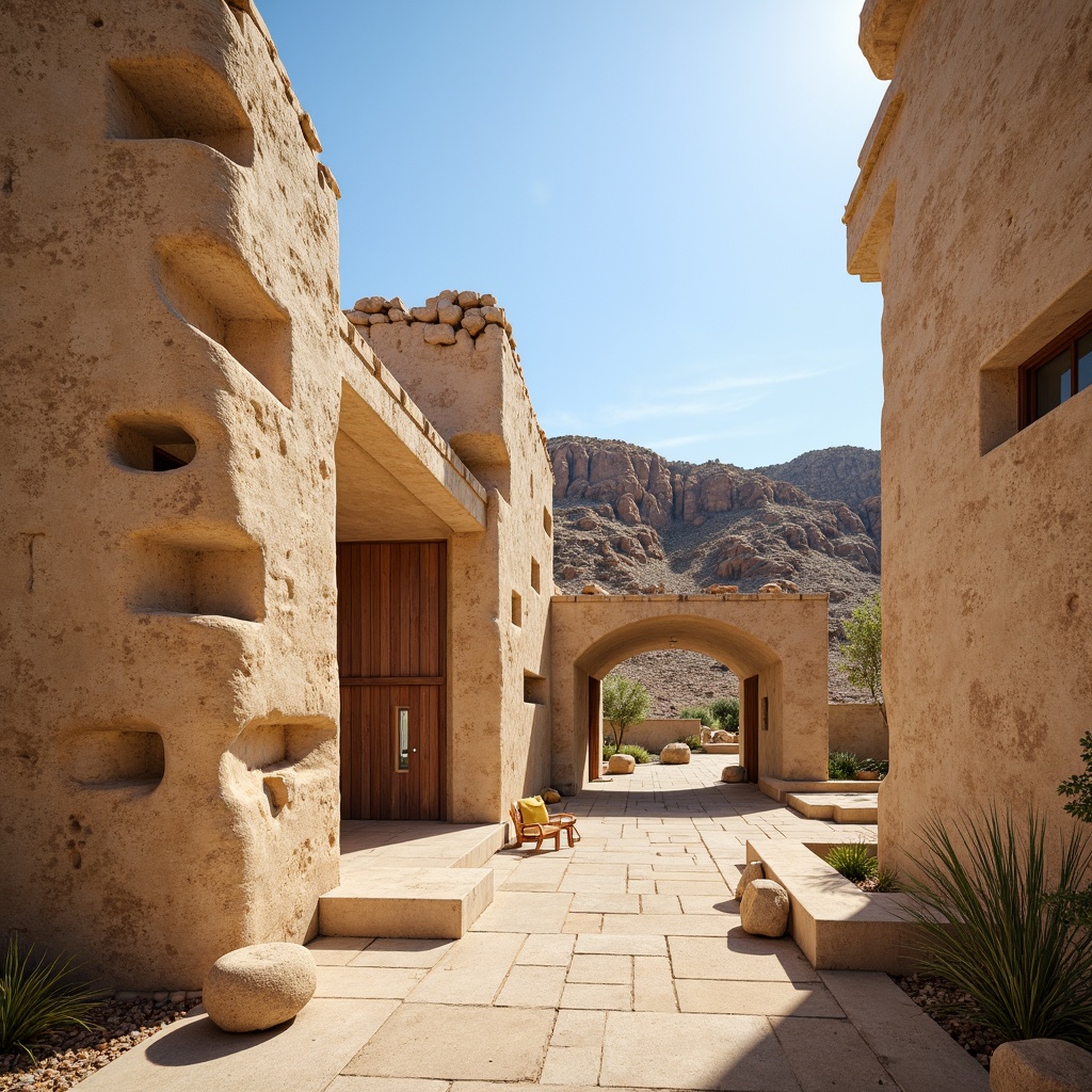 Prompt: Weathered sand-cast concrete walls, organic irregular shapes, earthy tone color palette, rough tactile texture, natural stone accents, brutalist architectural style, desert landscape background, clear blue sky, warm sunny day, dramatic shadows, high-contrast lighting, shallow depth of field, 3/4 composition, realistic textures, ambient occlusion.