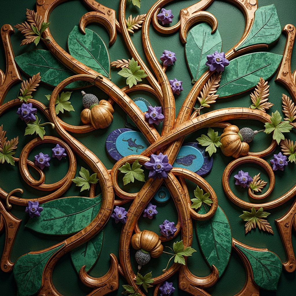 Prompt: Intricate Art Nouveau patterns, ornate organic forms, flowing curves, whiplash lines, botanical motifs, natural earth tones, rich jewel-toned hues, emerald green, sapphire blue, amethyst purple, golden yellow, copper accents, luxurious fabrics, velvety textures, iridescent sheen, subtle gradient effects, warm soft lighting, shallow depth of field, 2/3 composition, ornate metalwork, stained glass details, vintage distressed finishes, realistic atmospheric perspective.