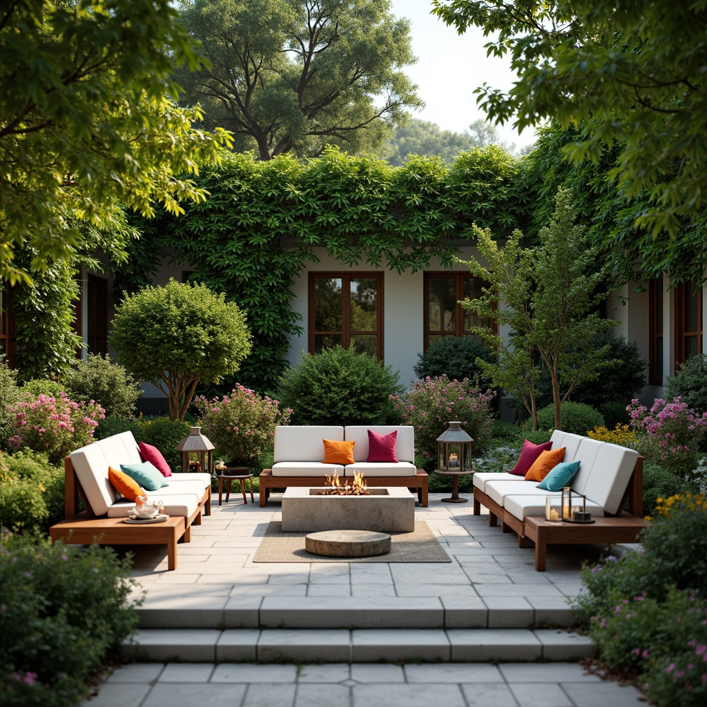 Prompt: Vibrant garden patio, lush greenery, blooming flowers, natural stone flooring, wooden benches, elegant lanterns, soft warm lighting, cozy fire pit, comfortable outdoor furniture, colorful throw pillows, refreshing water features, serene ambiance, 1/1 composition, shallow depth of field, realistic textures, ambient occlusion.