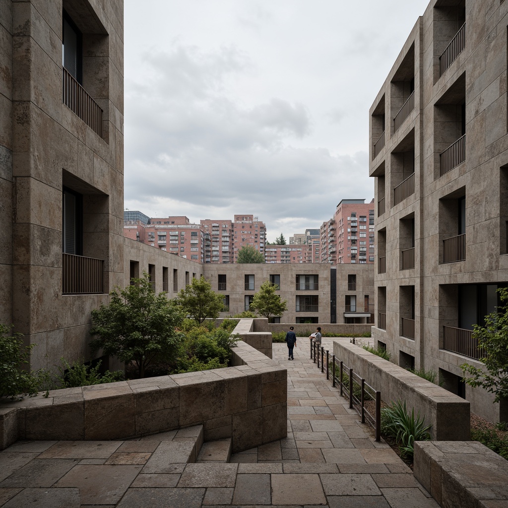 Prompt: Rugged brutalist architecture, exposed concrete walls, rough-hewn stone textures, industrial metal accents, bold geometric shapes, urban cityscape background, overcast sky, dramatic shadows, high-contrast lighting, muted earthy tones, warm beige, cool grays, deep blues, raw wood elements, natural materials, functional minimalism, clean lines, brutalist typography, abstract graffiti art, dynamic composition, cinematic atmosphere, realistic render.