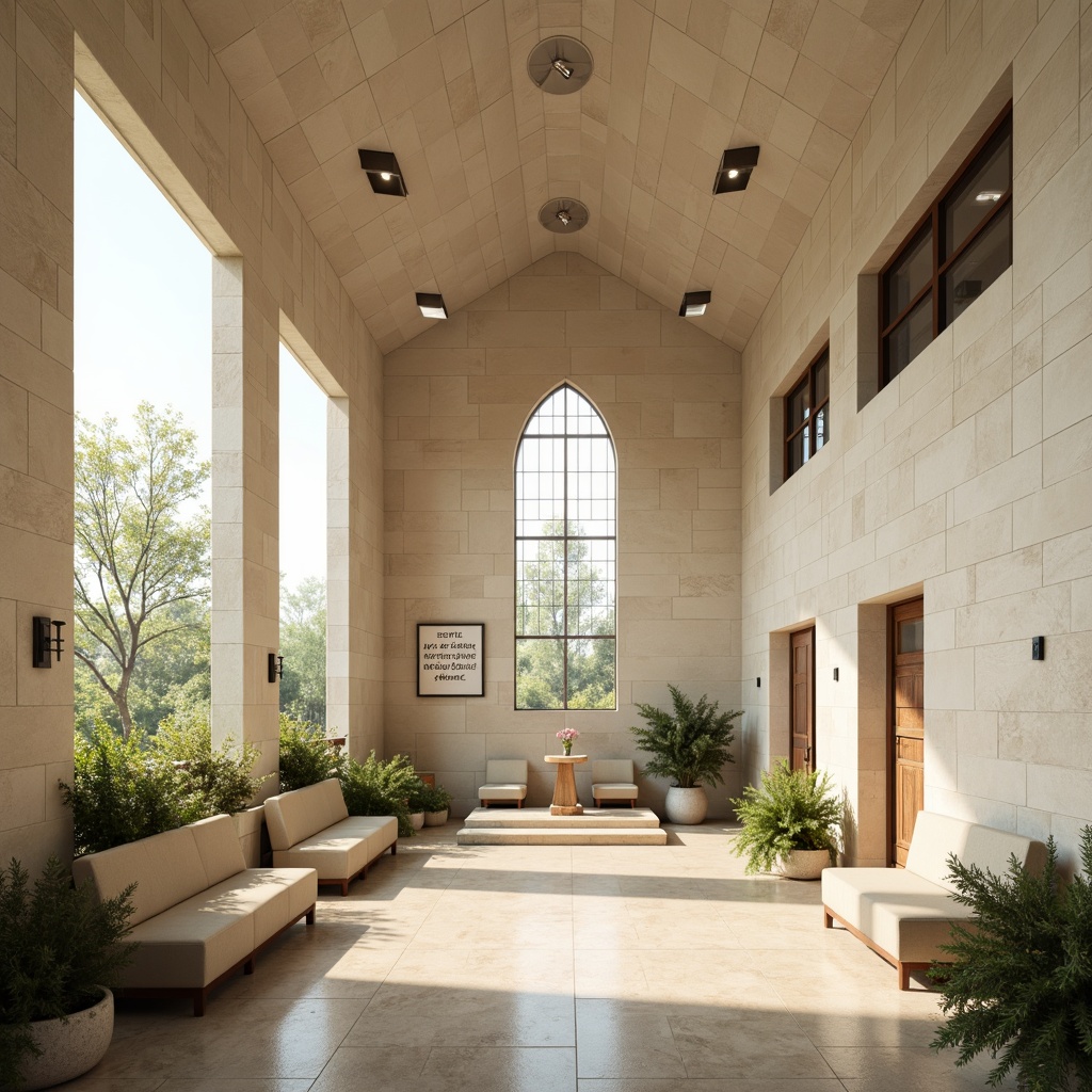 Prompt: Minimalist religious architecture, neutral color palette, calming ambiance, soft natural light, cream-colored stone walls, warm beige floors, subtle wood accents, elegant stained glass windows, minimalist metal fixtures, serene atmosphere, peaceful surroundings, lush greenery, vibrant floral arrangements, modern abstract art pieces, inspirational quotes, comfortable seating areas, contemplative spaces, soft shadows, gentle lighting, 1/1 composition, realistic textures, ambient occlusion.