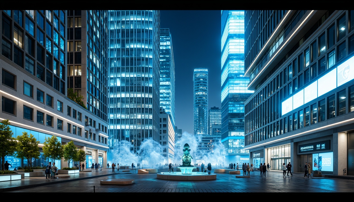 Prompt: Neon-lit skyscrapers, metallic silver facades, iridescent blue glass, luminescent white accents, holographic advertisements, futuristic cityscape, cyberpunk atmosphere, sleek angular lines, minimalist design, neon-green foliage, electric blue lighting, misty fog effects, high-tech gadgets, retro-futuristic decor, glowing LED strips, chrome-plated details, robotic sculptures, virtual reality interfaces, immersive experiences, 3D projection mapping, cinematic compositions, shallow depth of field.