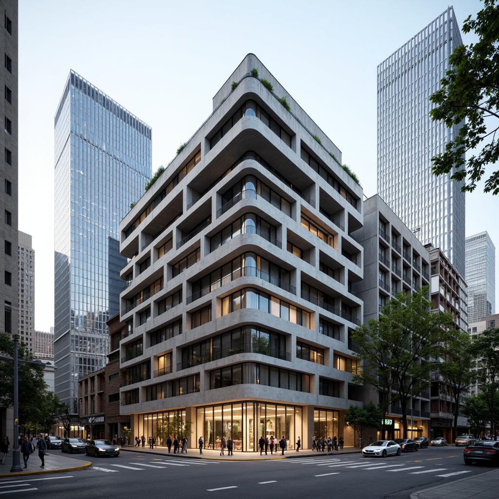 Prompt: Rugged brutalist office building, raw concrete facade, geometric patterns, industrial metal accents, bold cantilevered structures, asymmetrical compositions, urban cityscape, busy streets, modern skyscrapers, sleek glass towers, contrasting textures, rough stone walls, smooth steel surfaces, dramatic shadow play, high-contrast lighting, 1/2 composition, low-angle shot, cinematic atmosphere, realistic rendering, ambient occlusion.