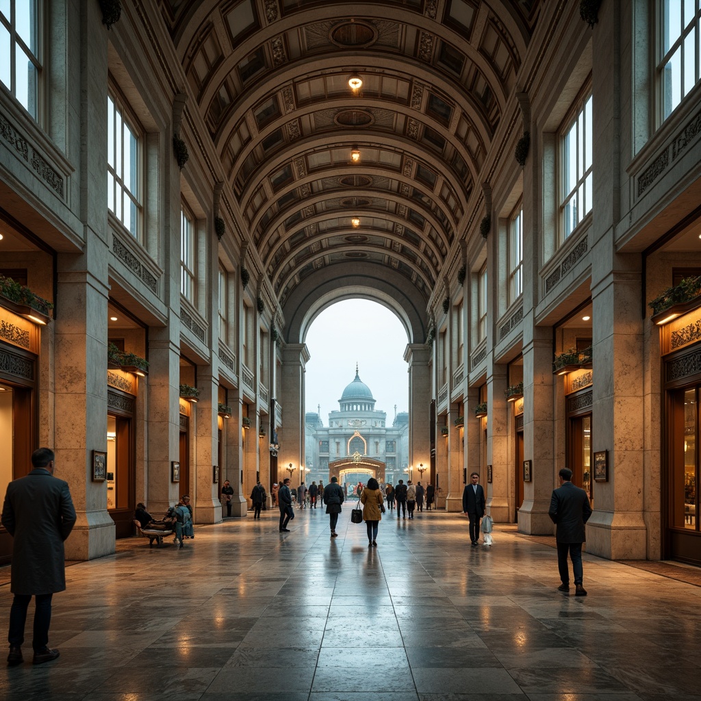 Prompt: Grandiose transportation hub, neoclassical fa\u00e7ade design, ornate columns, intricately carved stonework, symmetrical archways, grand entranceways, imposing clock towers, majestic bronze doors, elegant marble flooring, intricate molding details, subtle warm lighting, shallow depth of field, 1/2 composition, panoramic view, realistic textures, ambient occlusion, busy urban atmosphere, morning rush hour, soft misty weather.