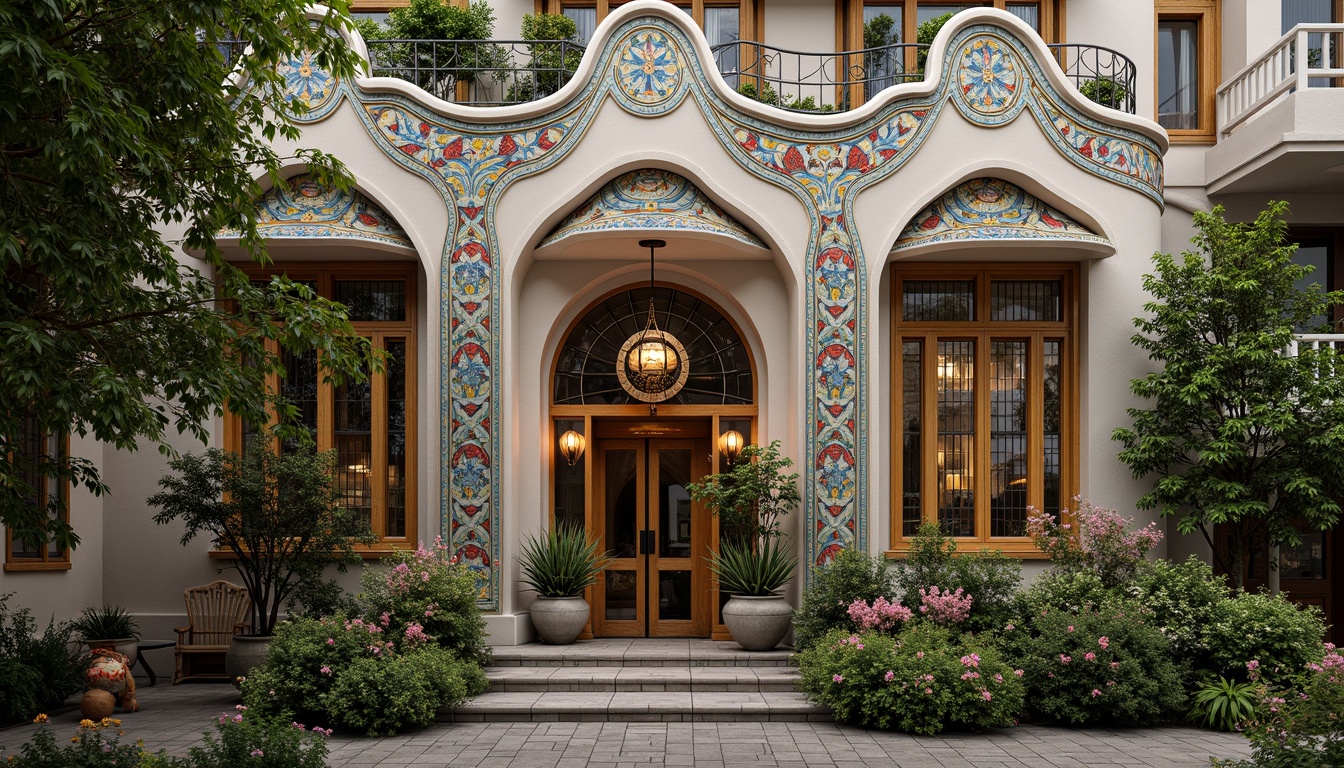 Prompt: \Whimsical Art Nouveau building facade, sinuous lines, flowing curves, organic forms, ornate metalwork, intricate mosaics, stained glass windows, colorful ceramic tiles, botanical motifs, blooming flowers, lush greenery, soft warm lighting, shallow depth of field, 3/4 composition, panoramic view, realistic textures, ambient occlusion.\