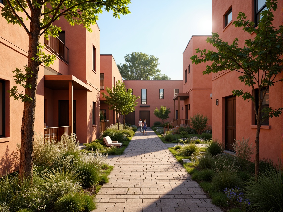 Prompt: Earthly terracotta buildings, warm ochre walls, rustic ceramic tiles, natural stone pathways, lush greenery, blooming wildflowers, sunny afternoon, soft golden lighting, shallow depth of field, 3/4 composition, panoramic view, realistic textures, ambient occlusion.