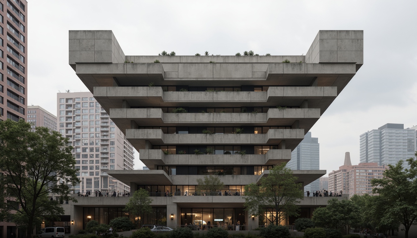 Prompt: Rugged concrete textures, brutalist architectural style, fortress-like structures, bold geometric forms, dramatic cantilevered roofs, industrial materials, raw unfinished surfaces, monolithic volumes, imposing scales, brutalist details, functional simplicity, minimalist ornamentation, urban cityscape, overcast skies, diffused natural light, high contrast lighting, deep shadows, 3/4 composition, symmetrical framing, realistic renderings, ambient occlusion.