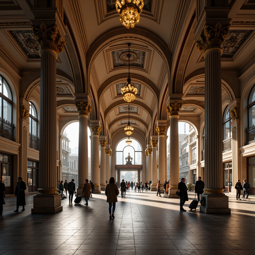 Prompt: Grandiose bus station, neoclassical columns, ornate capitals, symmetrical fa\u00e7ade, rusticated base, majestic entrance, sweeping arches, vaulted ceilings, marble flooring, intricate moldings, gilded details, regal chandeliers, ambient warm lighting, shallow depth of field, 1/1 composition, realistic textures, subtle color palette, urban cityscape, morning commute, bustling atmosphere.