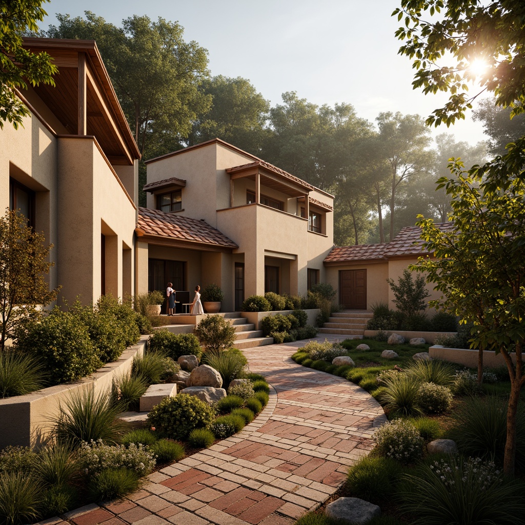 Prompt: Earthy tone buildings, warm beige walls, soft terracotta roofs, rustic wooden accents, natural stone foundations, muted sienna facades, earthy red brick paths, moss-covered gardens, serene forest surroundings, warm golden lighting, shallow depth of field, 3/4 composition, realistic textures, ambient occlusion.