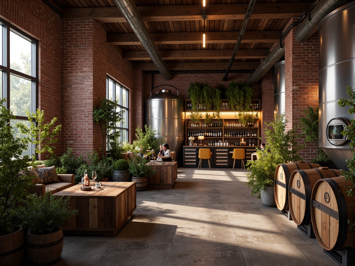 Prompt: Industrial urban winery, reclaimed wood accents, exposed brick walls, metallic fermentation tanks, modern minimalist decor, natural stone floors, earthy color palette, rich burgundy reds, deep plum purples, warm golden yellows, soft creamy whites, rustic wooden barrels, lush greenery, vibrant florals, dim warm lighting, shallow depth of field, 3/4 composition, realistic textures, ambient occlusion.