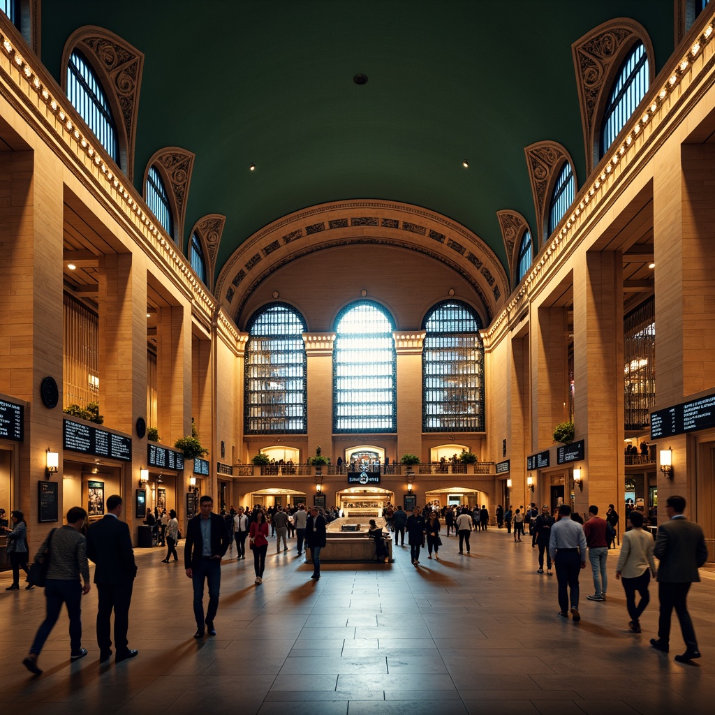 Prompt: Grand train station, ornate architectural details, Victorian-era inspired, rich wooden accents, intricate ironwork, lavish chandeliers, stained glass ceilings, high-arched windows, majestic clock towers, bustling urban atmosphere, morning rush hour, soft warm lighting, shallow depth of field, 1/2 composition, realistic textures, ambient occlusion.