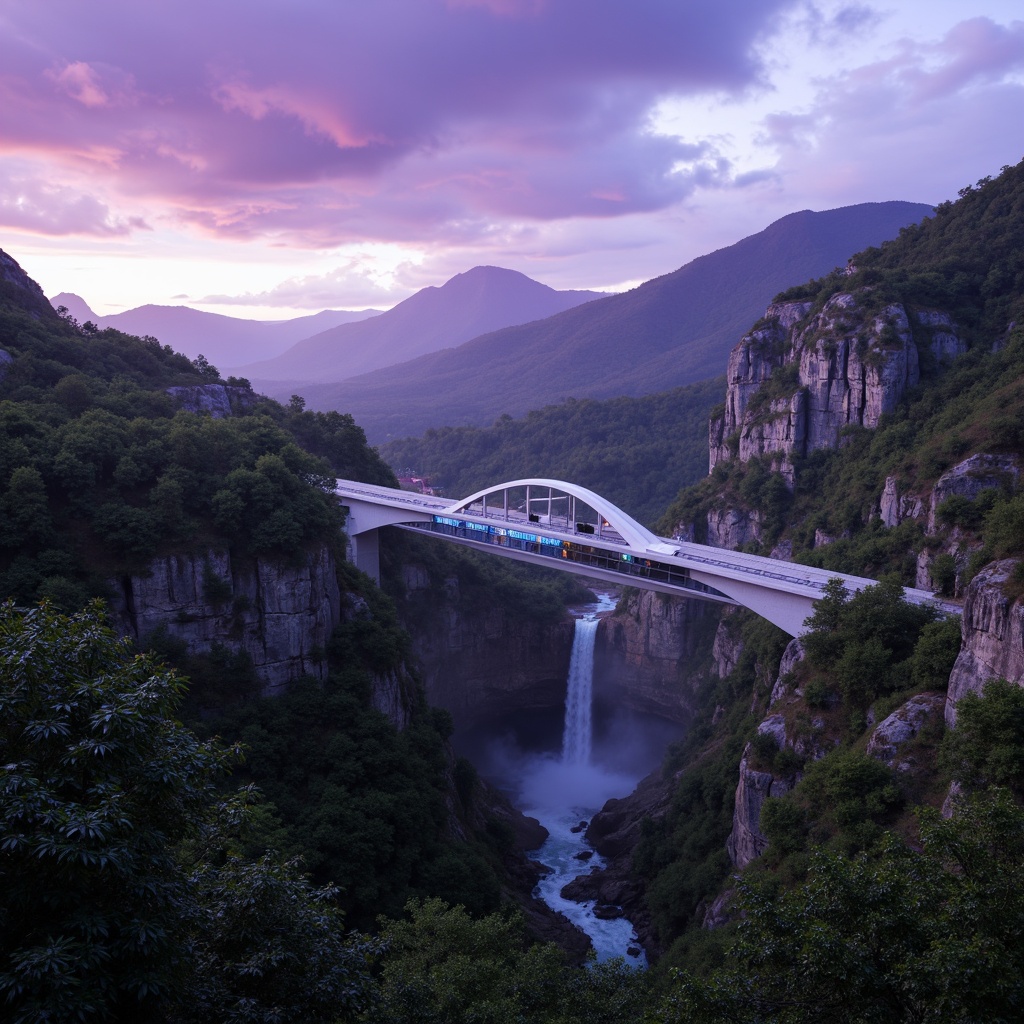 Prompt: Futuristic bridge architecture, curved metallic structures, gleaming silver surfaces, neon-lit accents, misty atmospheric effects, lush green forests, serene waterfalls, rugged rocky cliffs, winding mountain roads, dramatic cloud formations, vibrant purple twilight, soft warm lighting, shallow depth of field, 3/4 composition, panoramic view, realistic textures, ambient occlusion.