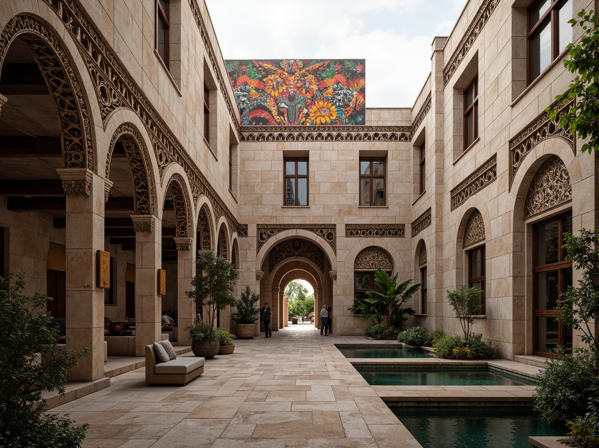 Prompt: Ancient monastery walls, fusion architecture style, intricately carved stone facades, vibrant colorful textiles, geometric patterns, ornate metalwork, rustic wooden doors, stained glass windows, serene courtyard gardens, tranquil water features, soft warm lighting, misty atmosphere, 1/1 composition, shallow depth of field, realistic textures, ambient occlusion.