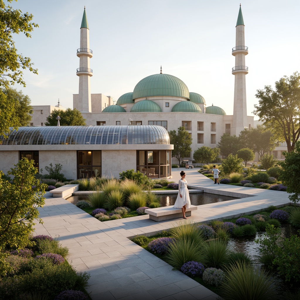 Prompt: Eco-friendly mosque, curved domes, natural stone walls, green roofs, solar panels, wind turbines, rainwater harvesting systems, organic gardens, serene courtyards, minimal ornamentation, simple geometry, clerestory windows, soft warm lighting, shallow depth of field, 3/4 composition, panoramic view, realistic textures, ambient occlusion.