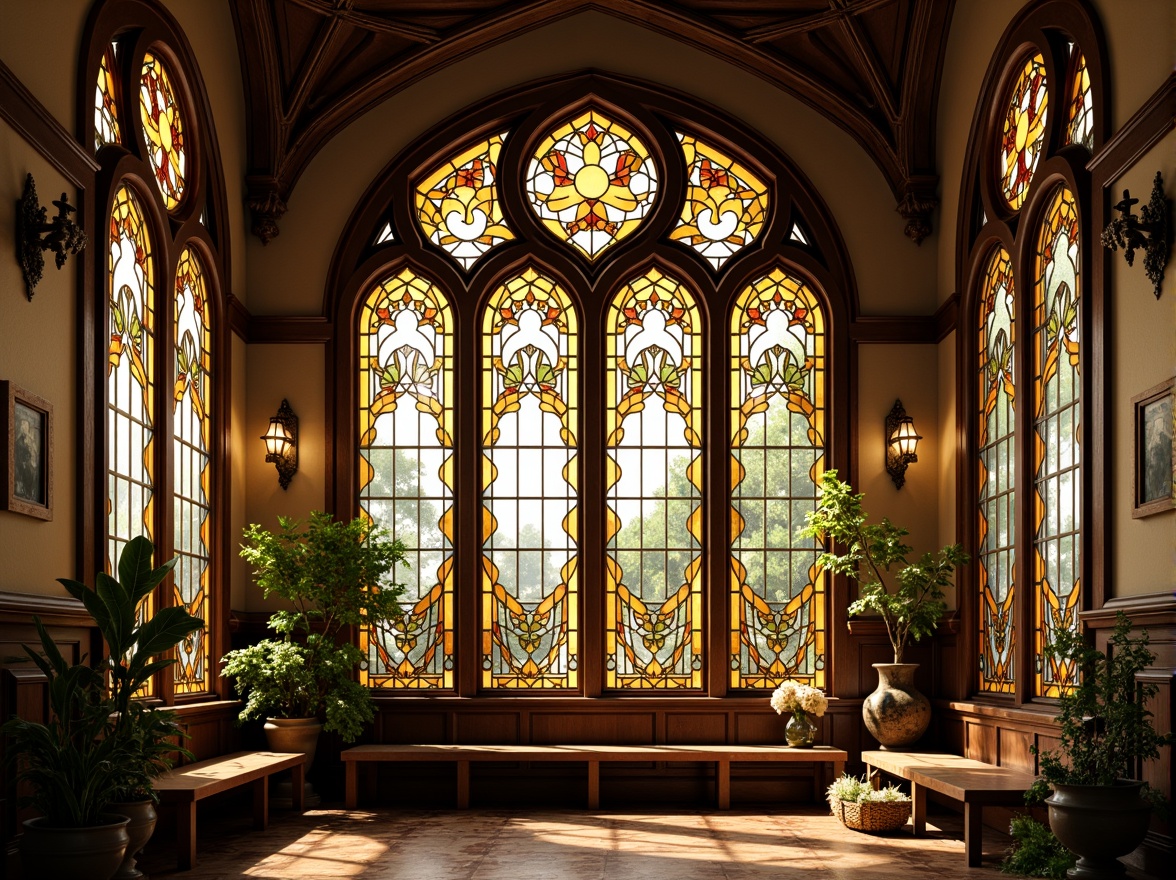 Prompt: Ornate Art Nouveau windows, sinuous curvilinear lines, flowing organic shapes, vibrant stained glass patterns, intricate metalwork, ornamental iron fixtures, delicate filigree details, warm earthy tones, rich wooden frames, botanical motifs, flowing tendrils, blooming flowers, subtle gradient effects, soft warm lighting, shallow depth of field, 2/3 composition, realistic textures, ambient occlusion.