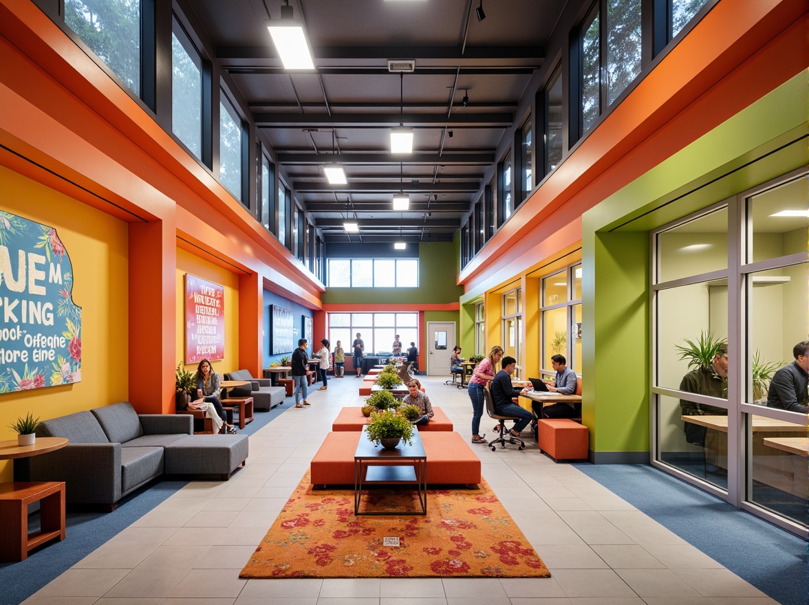 Prompt: Vibrant student hall, modern architecture, bold color scheme, bright corridors, lively communal spaces, energetic atmosphere, youthful furniture, dynamic patterns, inspiring quotes, motivational decor, collaborative study areas, cozy lounges, warm lighting, comfortable seating, eclectic textiles, playful accents, stimulating color contrasts, 1/2 composition, soft focus, realistic rendering.