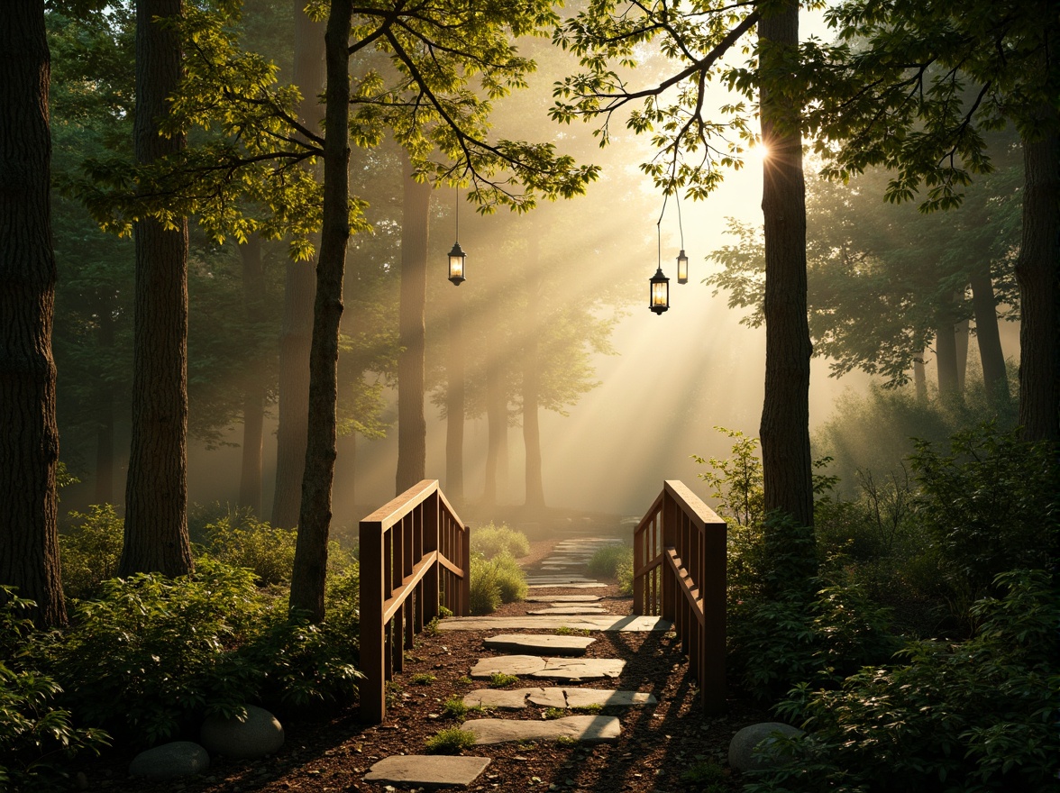 Prompt: Ethereal forest, dappled sunlight, misty atmosphere, warm color palette, natural stone pathways, wooden bridges, suspended lanterns, softbox lighting, cinematic depth of field, 1/1 composition, intimate framing, realistic foliage, ambient occlusion, subtle lens flares.